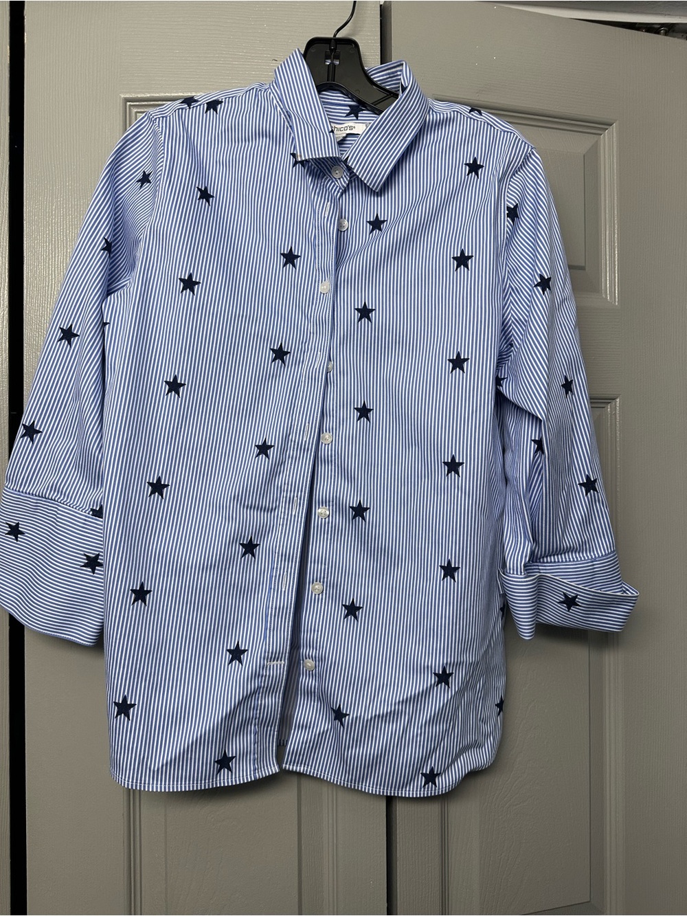 Chico's Light Blue & Navy Striped Button-Down with Star Print